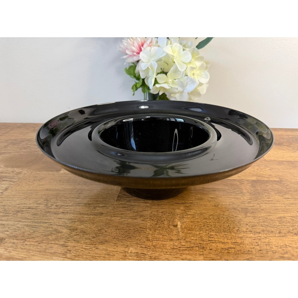 Vintage Black Amethyst Glass Console Bowl Art Deco Centerpiece Pedestal
